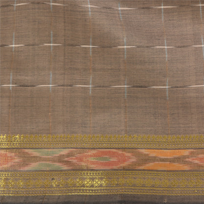 Sanskriti Vintage Sarees Light-Brown Ikat Hand-Woven Cotton Silk Sari 5yd Sustainable Fabric