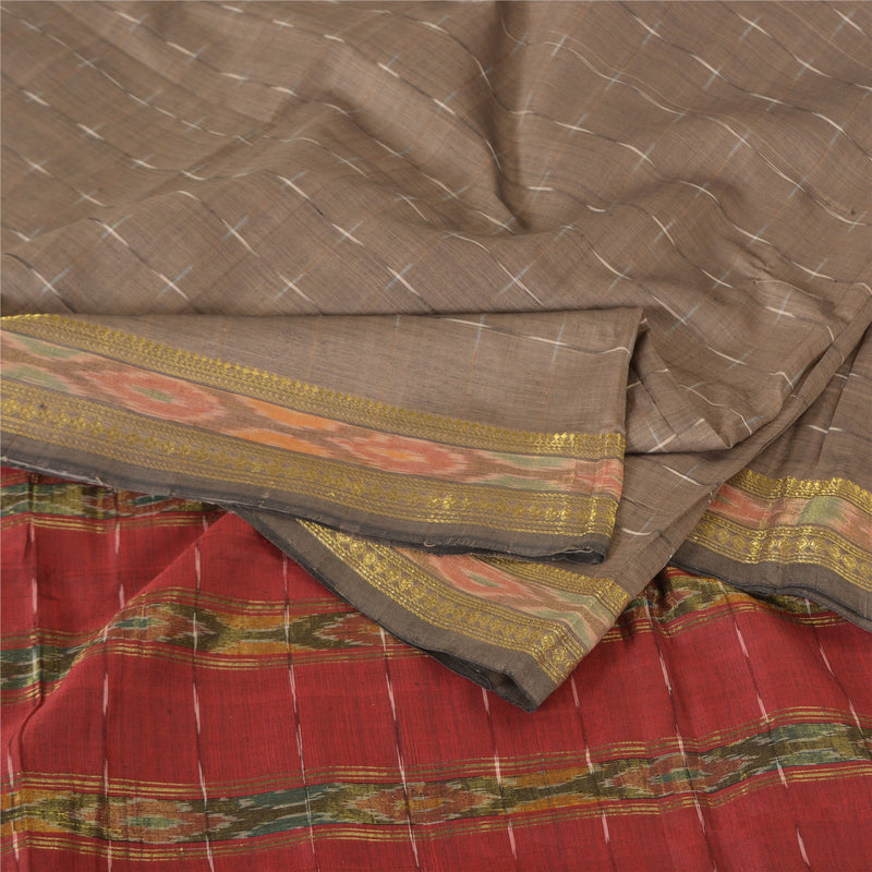 Sanskriti Vintage Sari Sarees Cotton Silk Light-Brown & Red Ikat Hand-Woven India Traditional Handmade 5Yd Craft Fabric, For DIY Projects