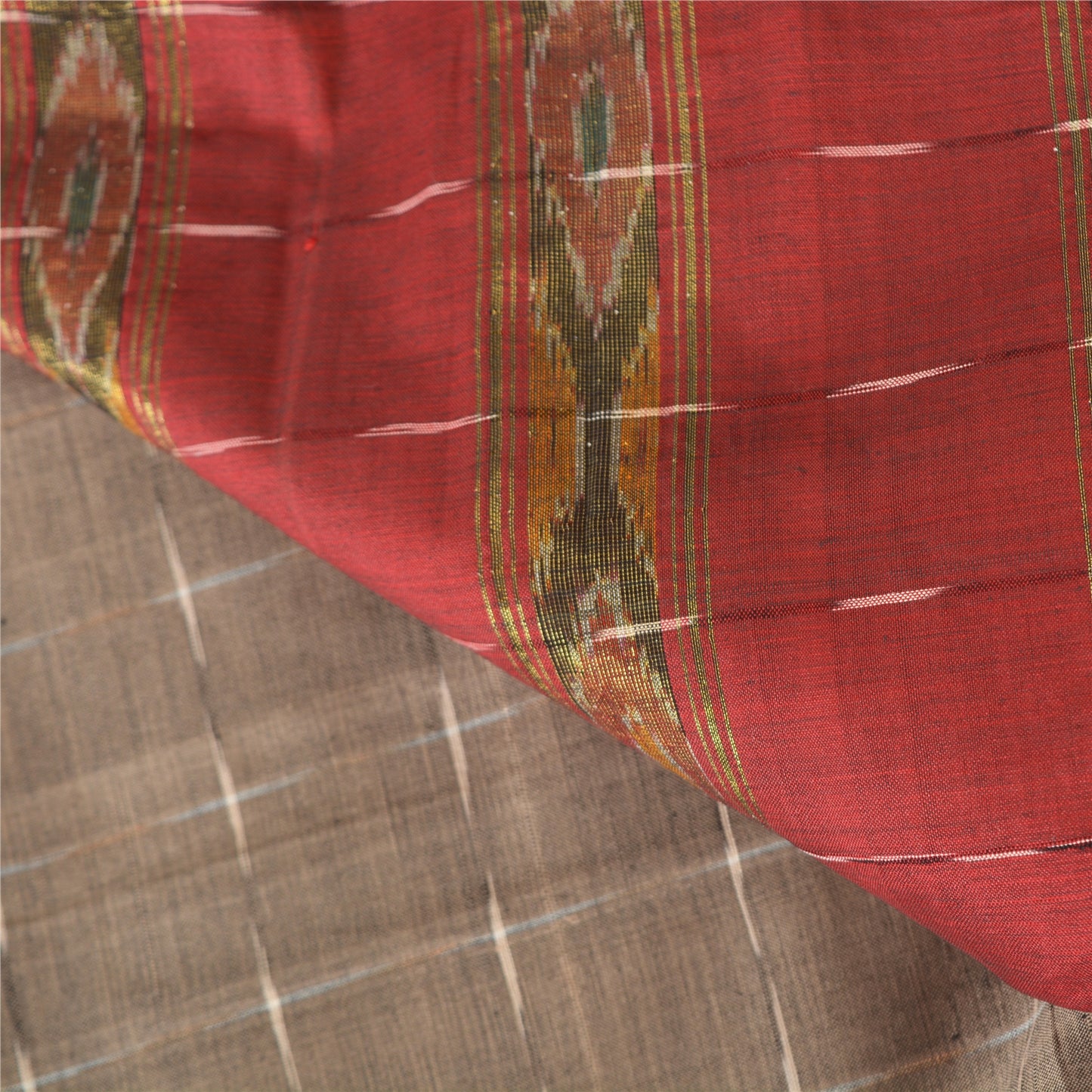 Sanskriti Vintage Sarees Light-Brown Ikat Hand-Woven Cotton Silk Sari 5yd Sustainable Fabric