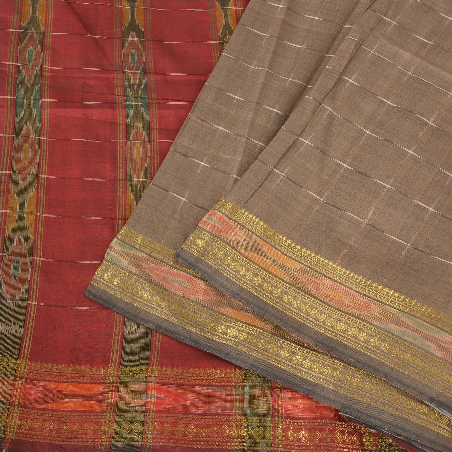 Sanskriti Vintage Sarees Light-Brown Ikat Hand-Woven Cotton Silk Sari 5yd Sustainable Fabric