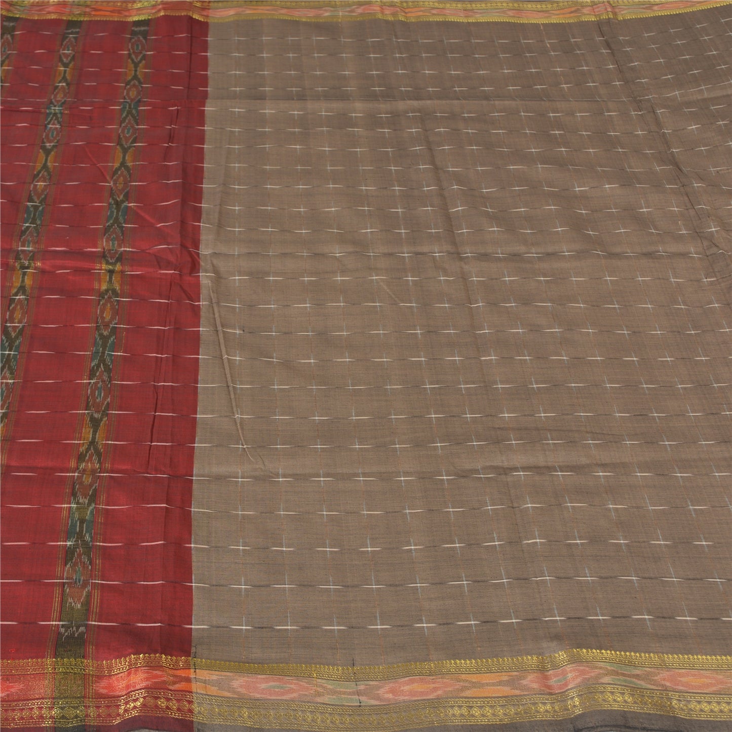 Sanskriti Vintage Sarees Light-Brown Ikat Hand-Woven Cotton Silk Sari 5yd Sustainable Fabric