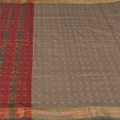 Sanskriti Vintage Sarees Light-Brown Ikat Hand-Woven Cotton Silk Sari 5yd Sustainable Fabric
