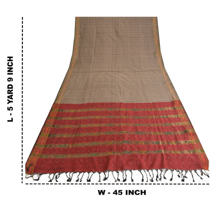 Sanskriti Vintage Sarees Light-Brown Ikat Hand-Woven Cotton Silk Sari 5yd Sustainable Fabric