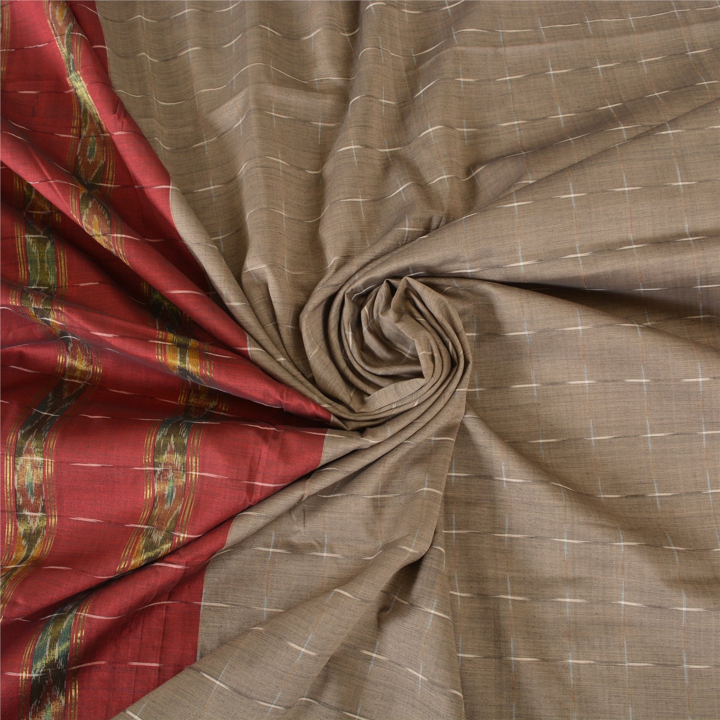 Sanskriti Vintage Sarees Light-Brown Ikat Hand-Woven Cotton Silk Sari 5yd Sustainable Fabric