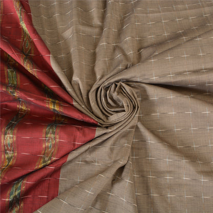 Sanskriti Vintage Sarees Light-Brown Ikat Hand-Woven Cotton Silk Sari 5yd Sustainable Fabric