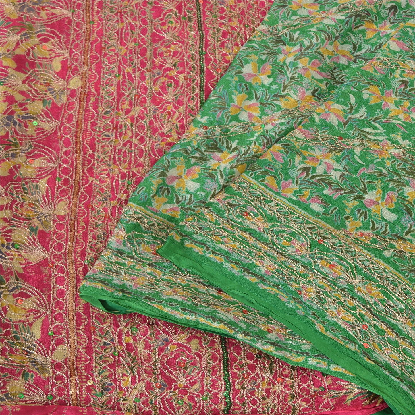 Sanskriti Vintage Sarees Green/Pink Embroidered Pure Silk Sari 5yd Craft Sustainable Fabric