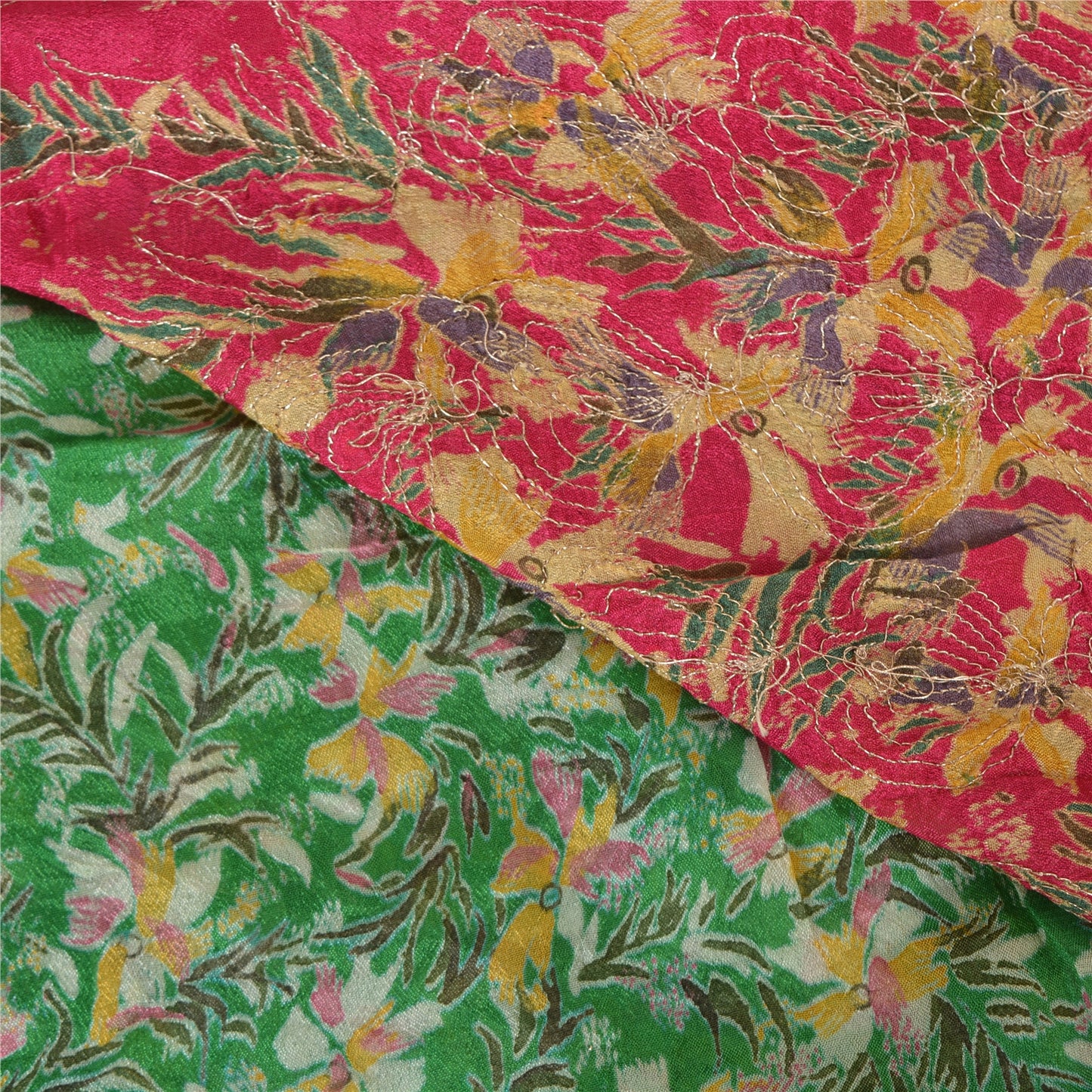 Sanskriti Vintage Sarees Green/Pink Embroidered Pure Silk Sari 5yd Craft Sustainable Fabric