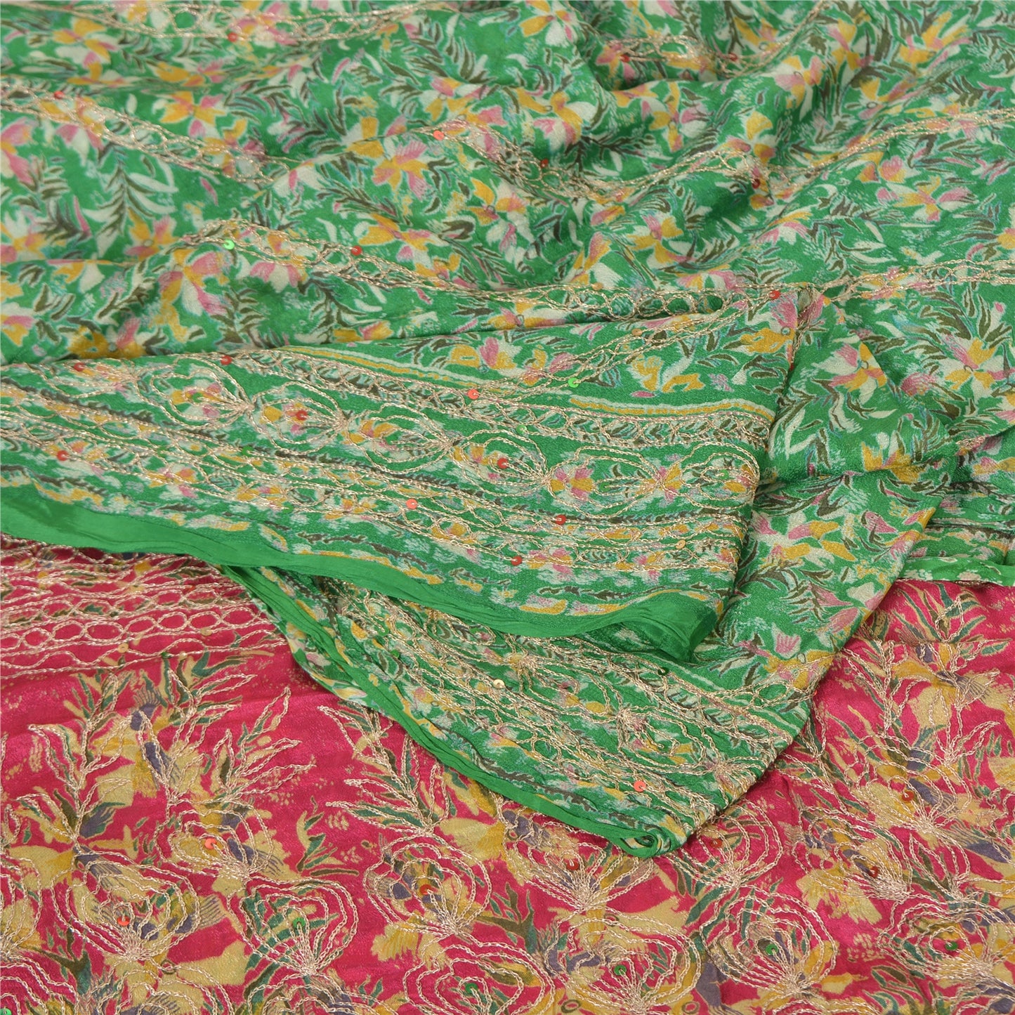 Sanskriti Vintage Sarees Green/Pink Embroidered Pure Silk Sari 5yd Craft Sustainable Fabric