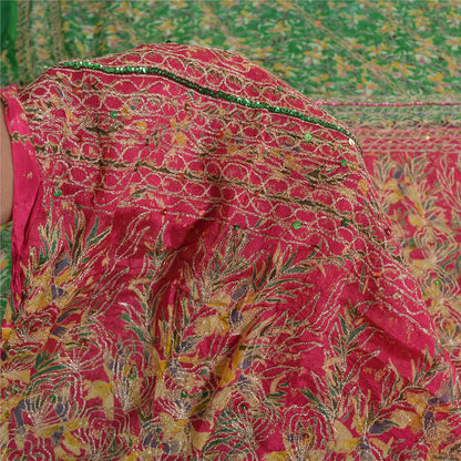 Sanskriti Vintage Sarees Green/Pink Embroidered Pure Silk Sari 5yd Craft Sustainable Fabric