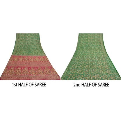 Sanskriti Vintage Sarees Green/Pink Embroidered Pure Silk Sari 5yd Craft Sustainable Fabric