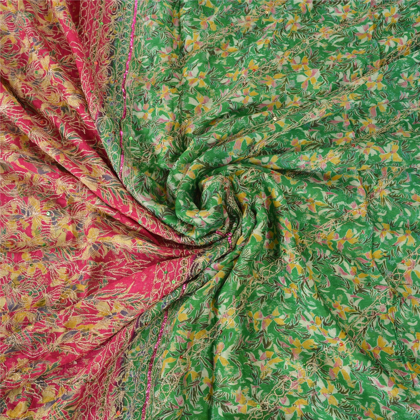 Sanskriti Vintage Sarees Green/Pink Embroidered Pure Silk Sari 5yd Craft Sustainable Fabric