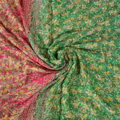 Sanskriti Vintage Sarees Green/Pink Embroidered Pure Silk Sari 5yd Craft Sustainable Fabric