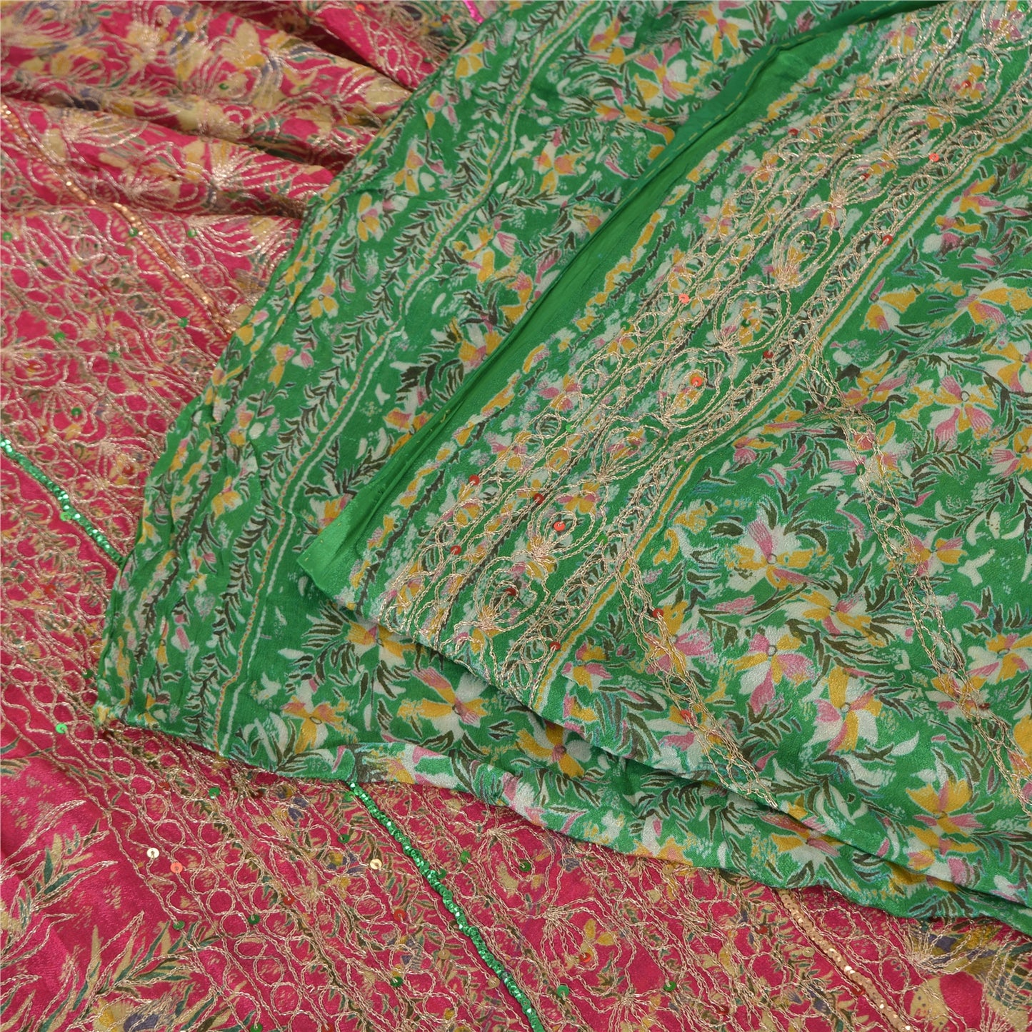 Sanskriti Vintage Sarees Green/Pink Embroidered Pure Silk Sari 5yd Craft Sustainable Fabric