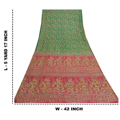 Sanskriti Vintage Sarees Green/Pink Embroidered Pure Silk Sari 5yd Craft Sustainable Fabric