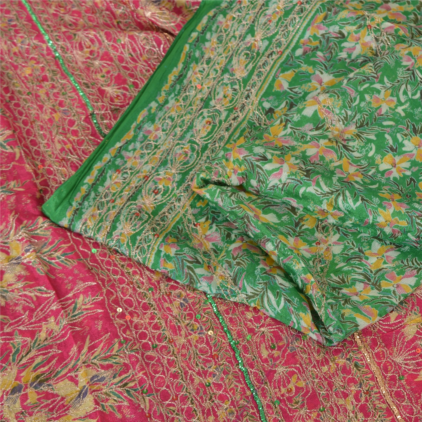 Sanskriti Vintage Sarees Green/Pink Embroidered Pure Silk Sari 5yd Craft Sustainable Fabric