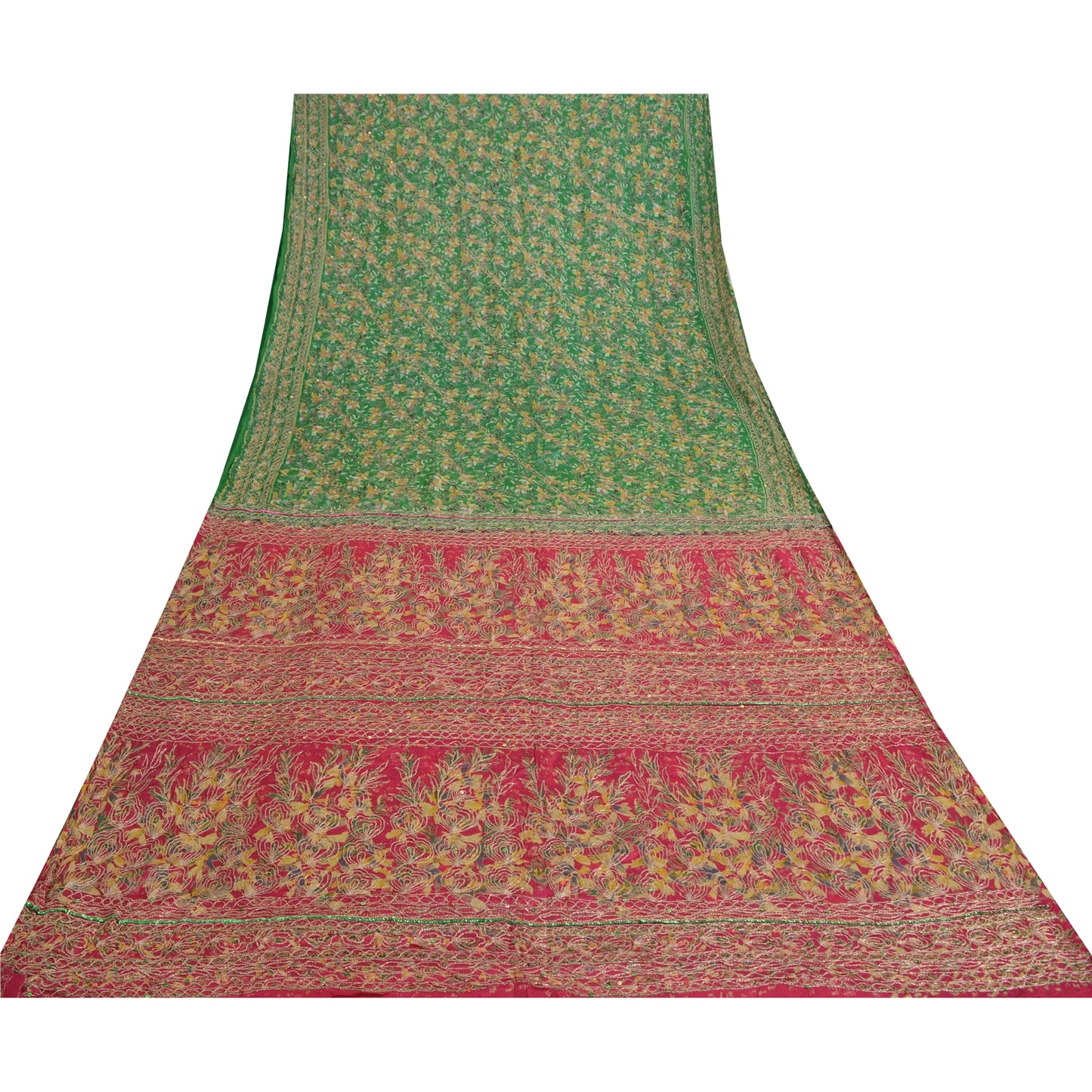Sanskriti Vintage Sarees Green/Pink Embroidered Pure Silk Sari 5yd Craft Sustainable Fabric
