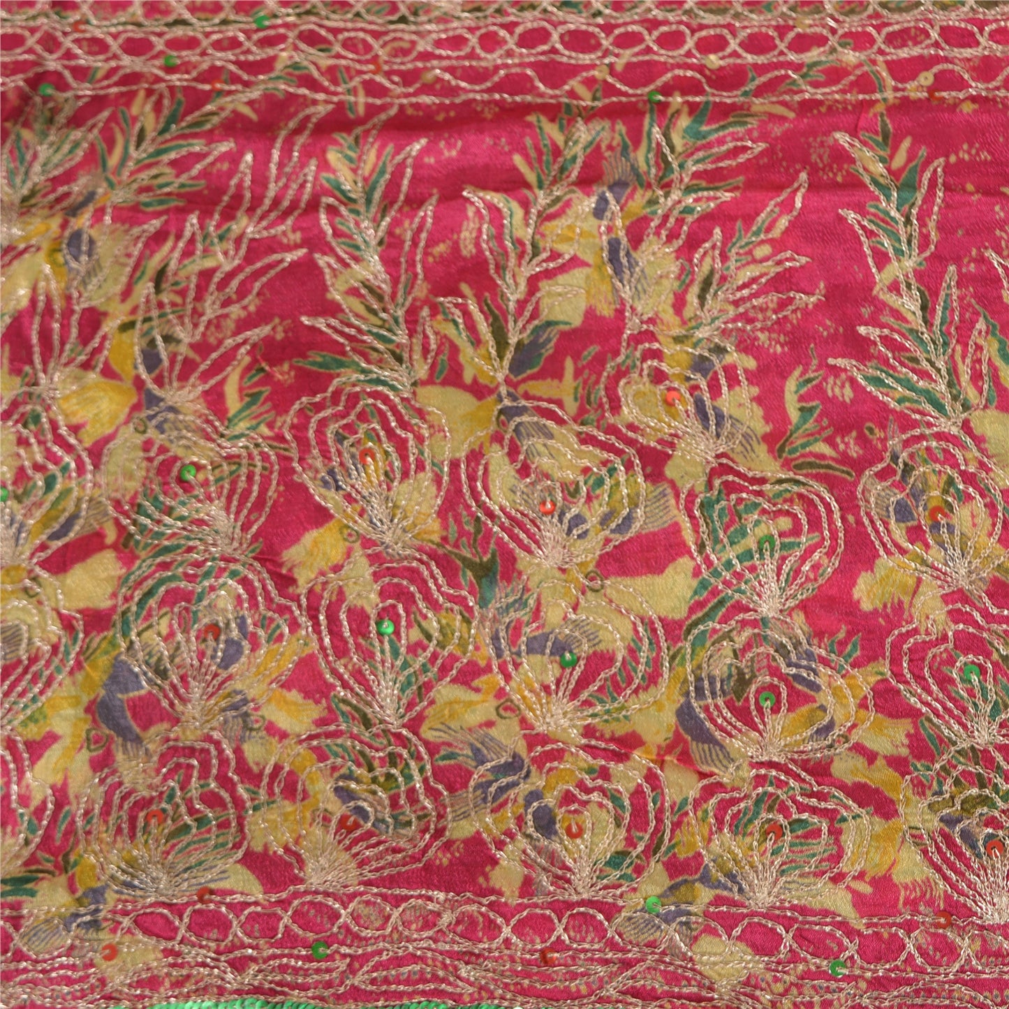 Sanskriti Vintage Sarees Green/Pink Embroidered Pure Silk Sari 5yd Craft Sustainable Fabric