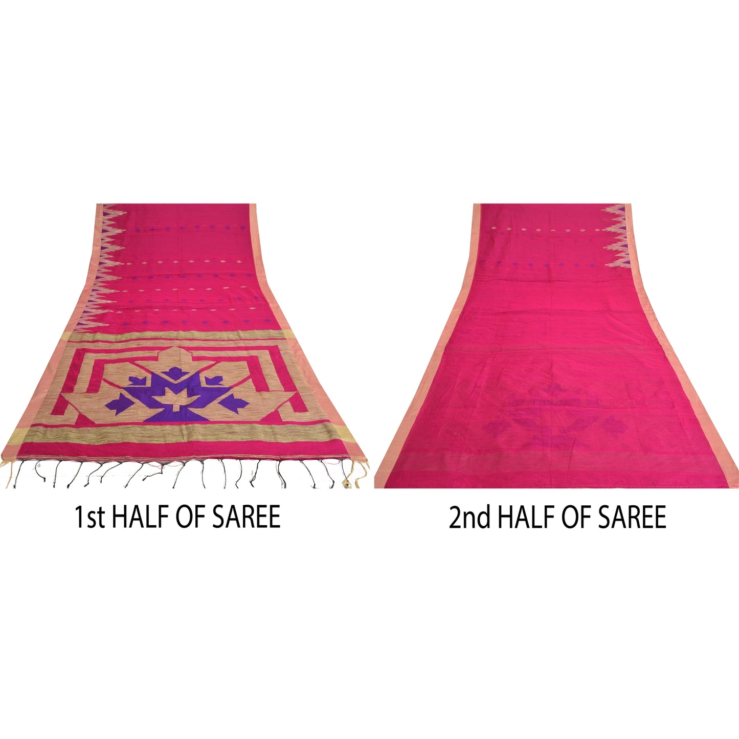 Sanskriti Vintage Sarees Pink Cotton Tant Hand Woven Bengali Sari Craft Sustainable Fabric