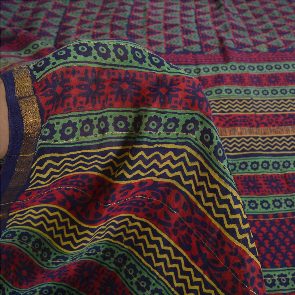 Sanskriti Vintage Saree Red Cotton Silk 5.5+ YARD Saree Hand Block Geometric Printed Sari Fabric Indian Heritage Textile Craft Supplies