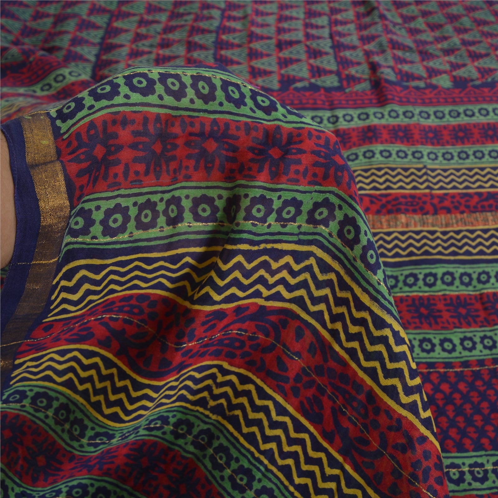 Sanskriti Vintage Saree Red Cotton Silk 5.5+ YARD Saree Hand Block Geometric Printed Sari Fabric Indian Heritage Textile Craft Supplies