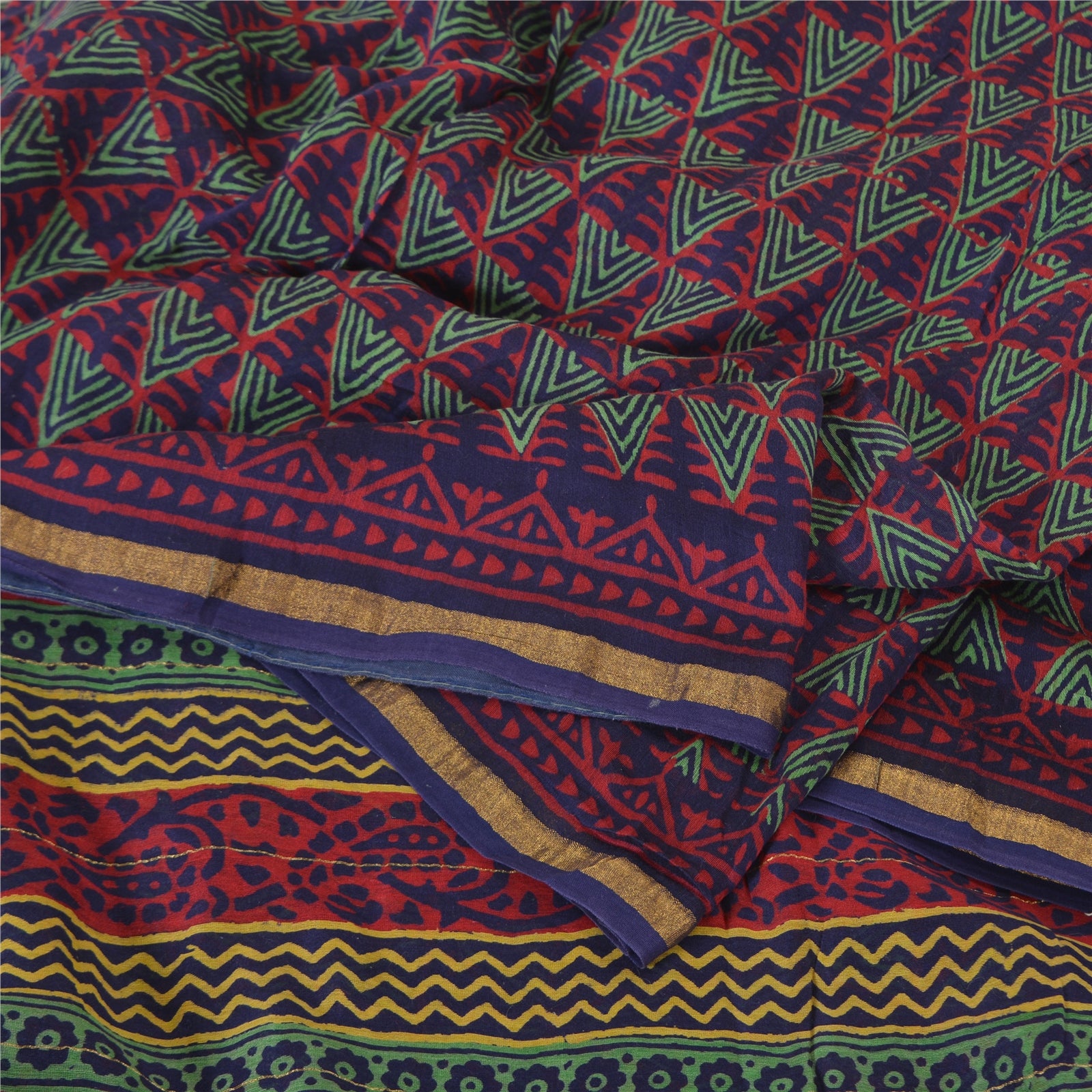 Sanskriti Vintage Saree Red Cotton Silk 5.5+ YARD Saree Hand Block Geometric Printed Sari Fabric Indian Heritage Textile Craft Supplies