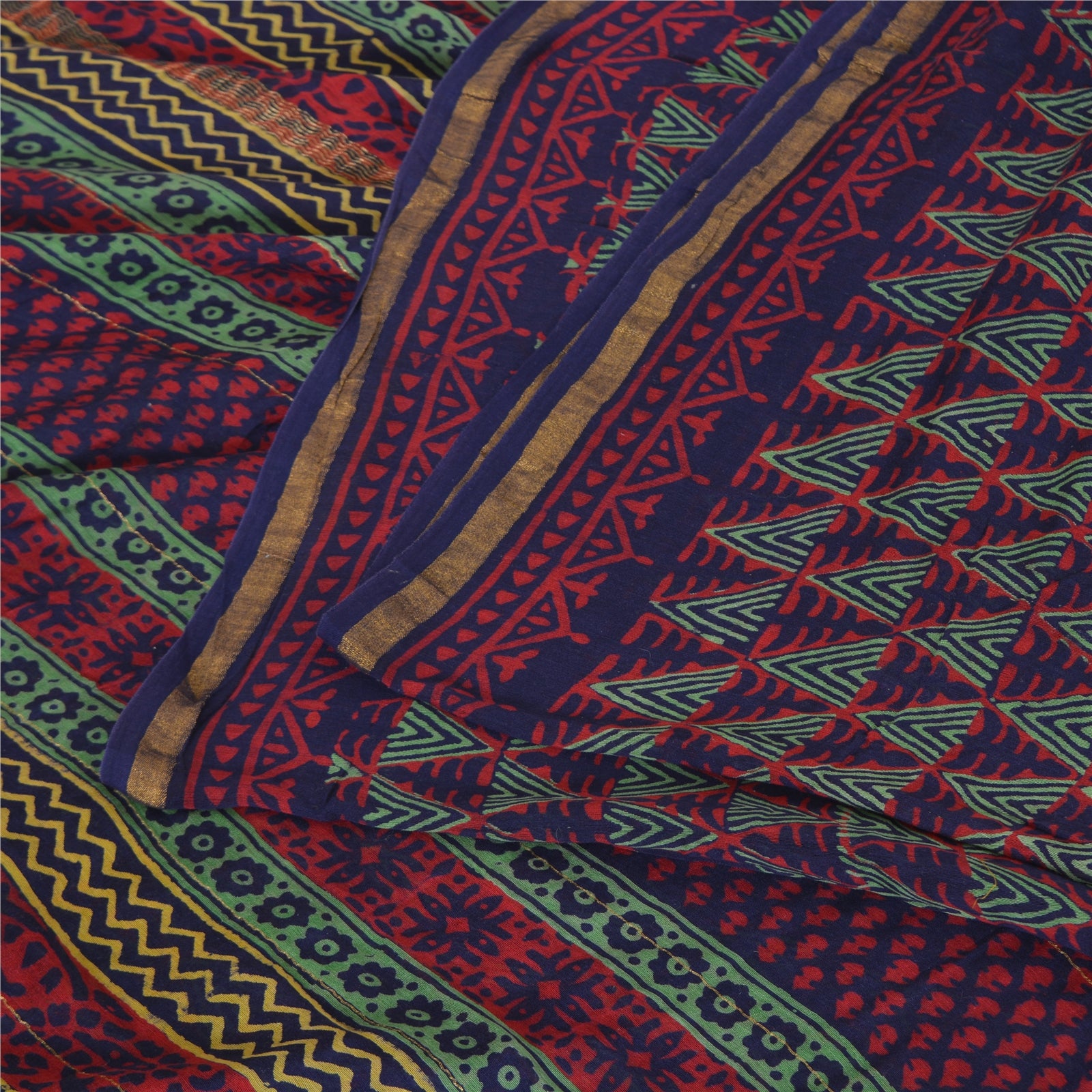 Sanskriti Vintage Saree Red Cotton Silk 5.5+ YARD Saree Hand Block Geometric Printed Sari Fabric Indian Heritage Textile Craft Supplies