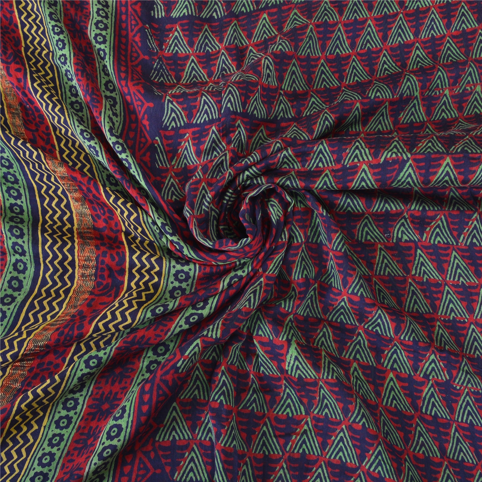 Sanskriti Vintage Saree Red Cotton Silk 5.5+ YARD Saree Hand Block Geometric Printed Sari Fabric Indian Heritage Textile Craft Supplies