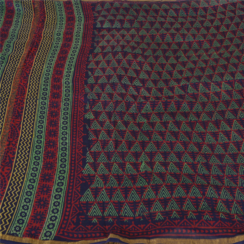Sanskriti Vintage Saree Red Cotton Silk 5.5+ YARD Saree Hand Block Geometric Printed Sari Fabric Indian Heritage Textile Craft Supplies
