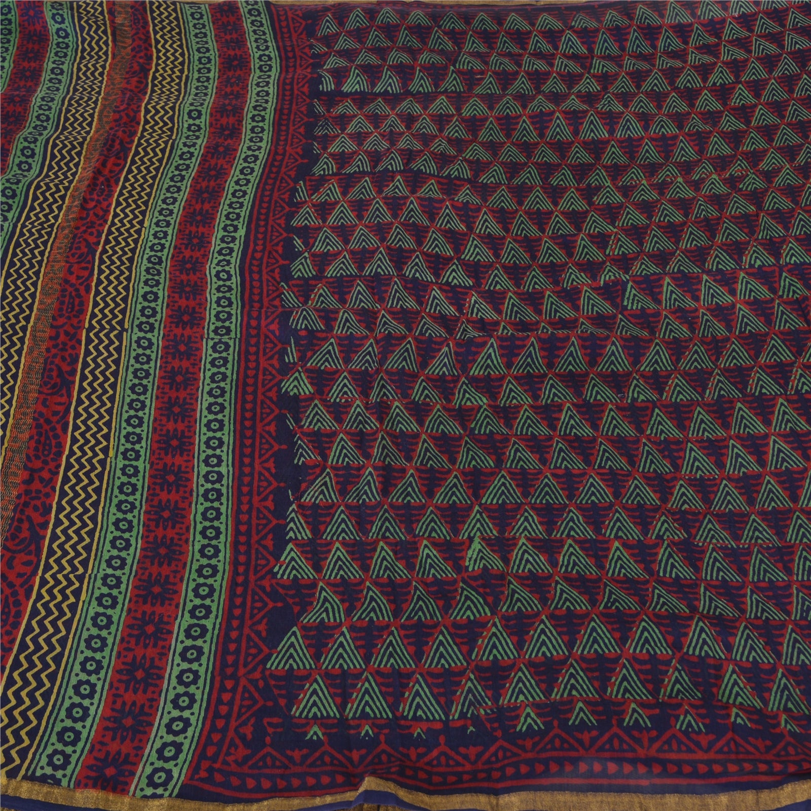 Sanskriti Vintage Saree Red Cotton Silk 5.5+ YARD Saree Hand Block Geometric Printed Sari Fabric Indian Heritage Textile Craft Supplies