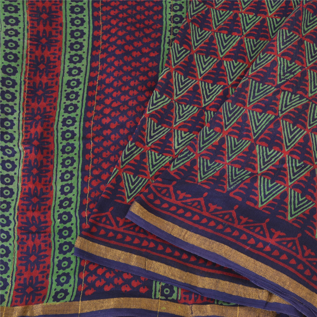 Sanskriti Vintage Saree Red Cotton Silk 5.5+ YARD Saree Hand Block Geometric Printed Sari Fabric Indian Heritage Textile Craft Supplies