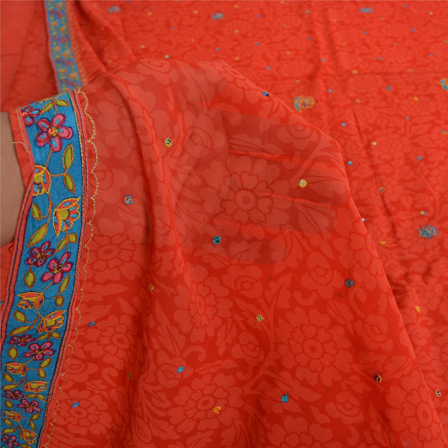 Sanskriti Vintage Sarees Orange Embroidered Pure Georgette Sari 5yd Craft Sustainable Fabric