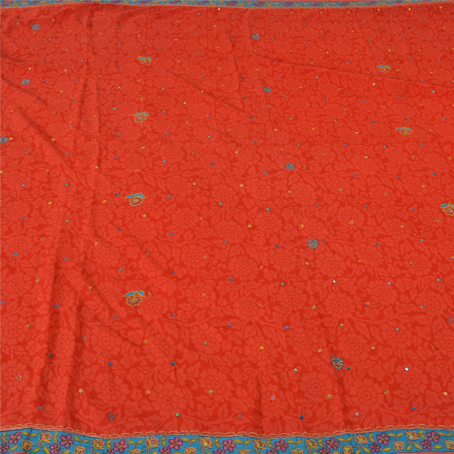 Sanskriti Vintage Sarees Orange Embroidered Pure Georgette Sari 5yd Craft Sustainable Fabric