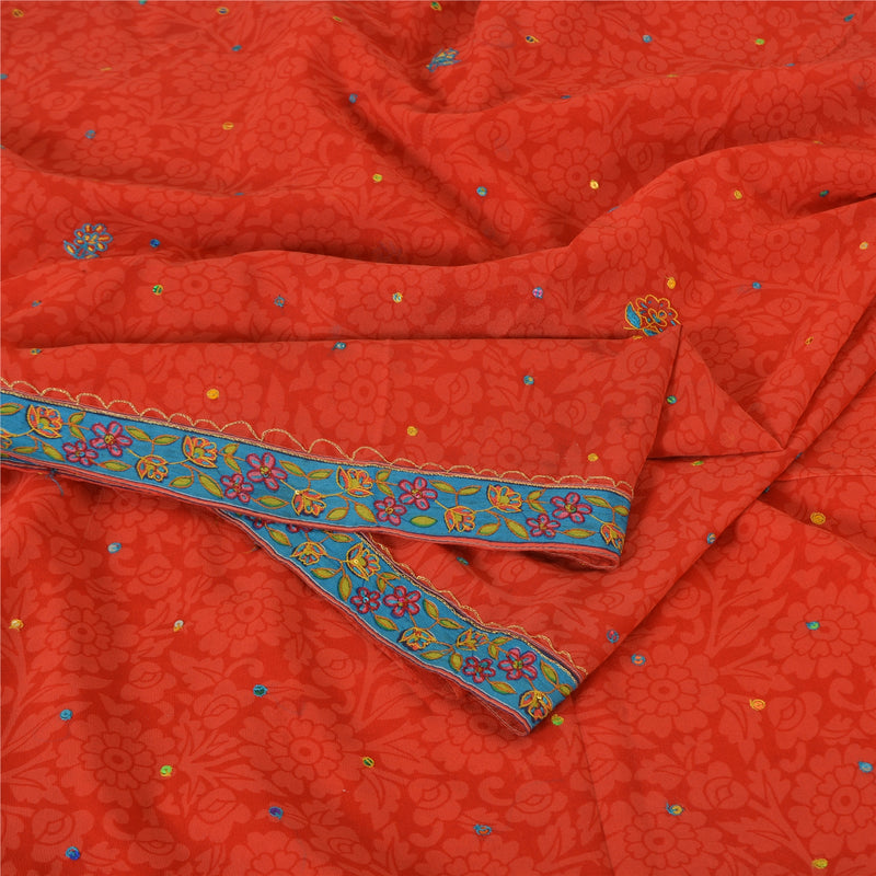Sanskriti Vintage Sarees Orange Broderet Ren Georgette Sari 5yd Håndværk Bæredygtigt Stoff