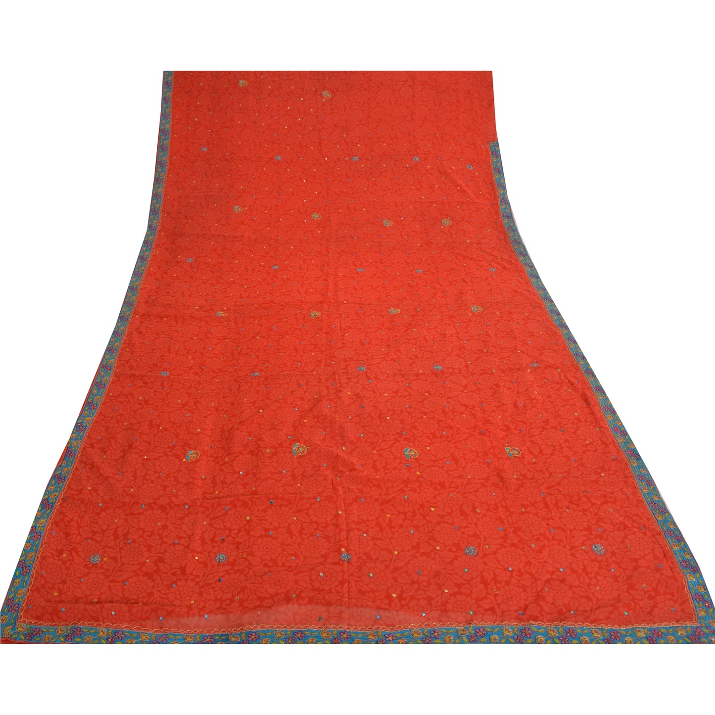 Sanskriti Vintage Sarees Orange Embroidered Pure Georgette Sari 5yd Craft Sustainable Fabric