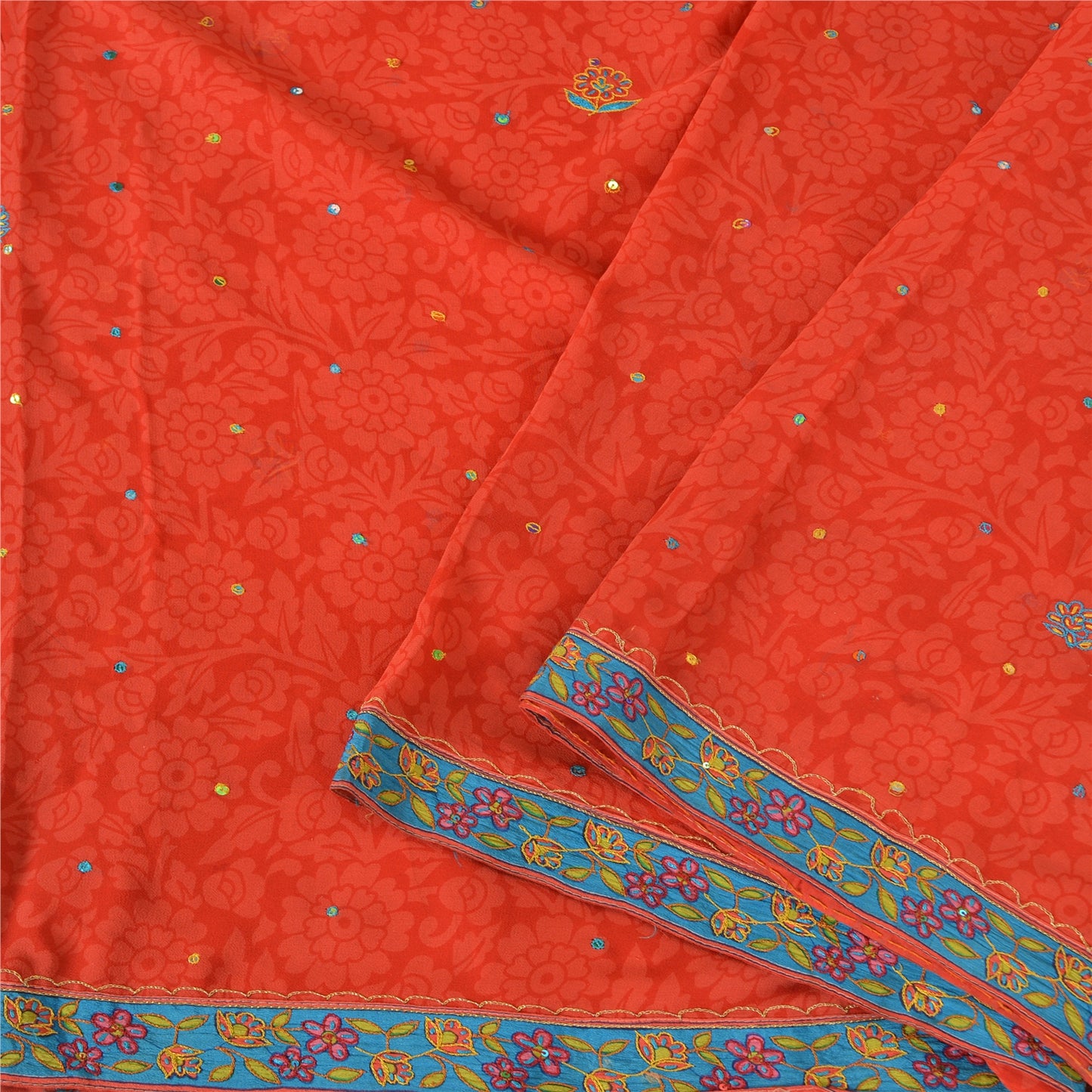 Sanskriti Vintage Sarees Orange Embroidered Pure Georgette Sari 5yd Craft Sustainable Fabric