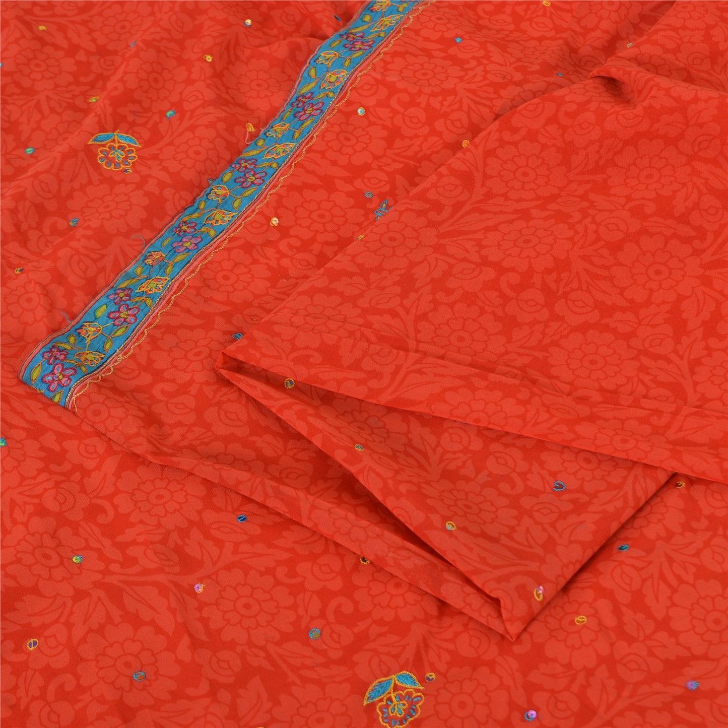 Sanskriti Vintage Sarees Orange Embroidered Pure Georgette Sari 5yd Craft Sustainable Fabric