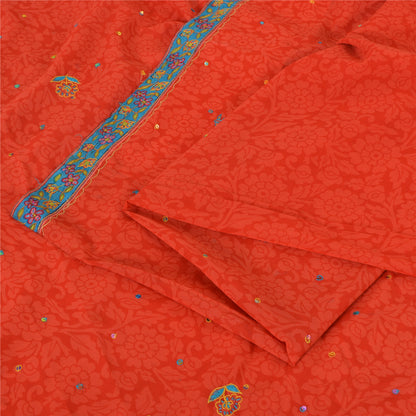Sanskriti Vintage Sarees Orange Embroidered Pure Georgette Sari 5yd Craft Sustainable Fabric