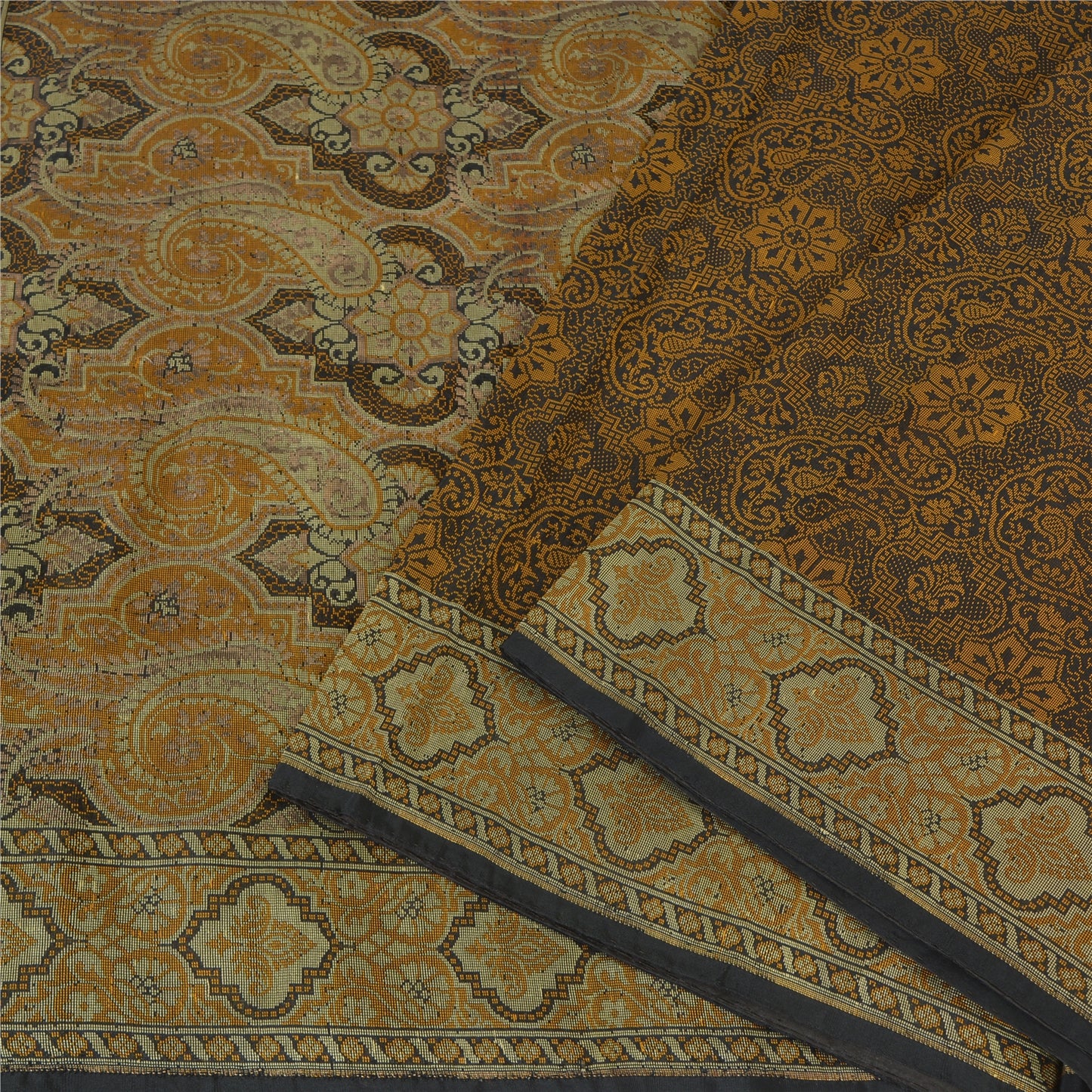 Sanskriti Vintage Sarees Black/Mustard Hand Woven Pure Silk Sari Craft Fabric