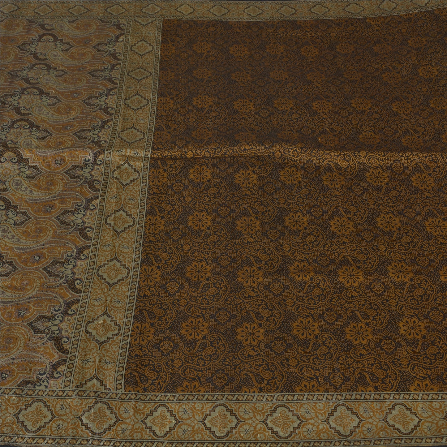 Sanskriti Vintage Sarees Black/Mustard Hand Woven Pure Silk Sari Craft Fabric