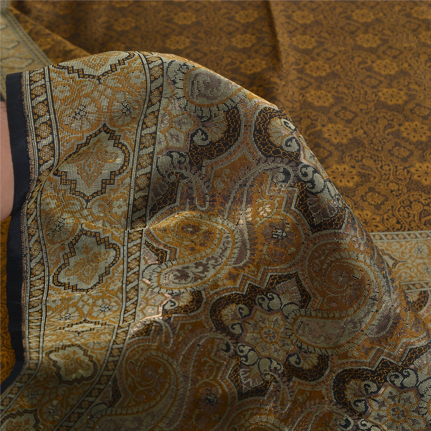 Sanskriti Vintage Sarees Black/Mustard Hand Woven Pure Silk Sari Craft Fabric