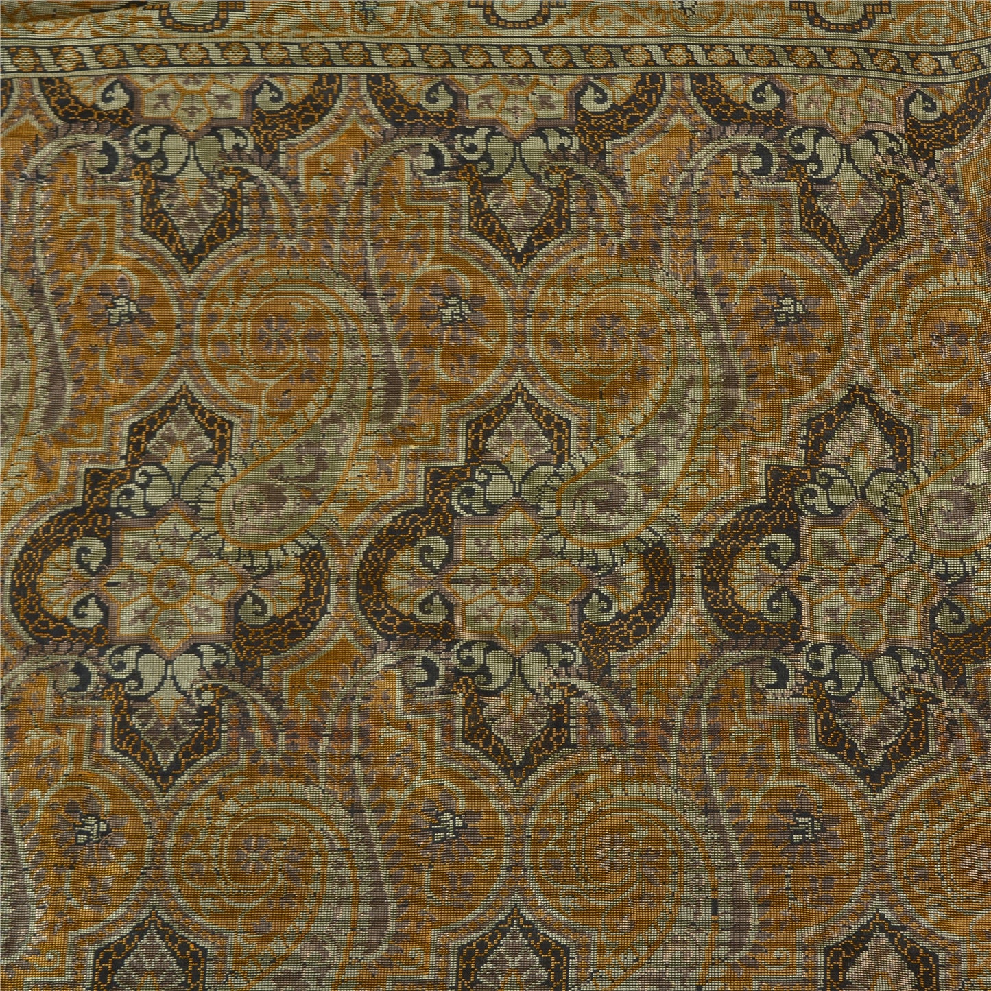 Sanskriti Vintage Sarees Black/Mustard Hand Woven Pure Silk Sari Craft Fabric