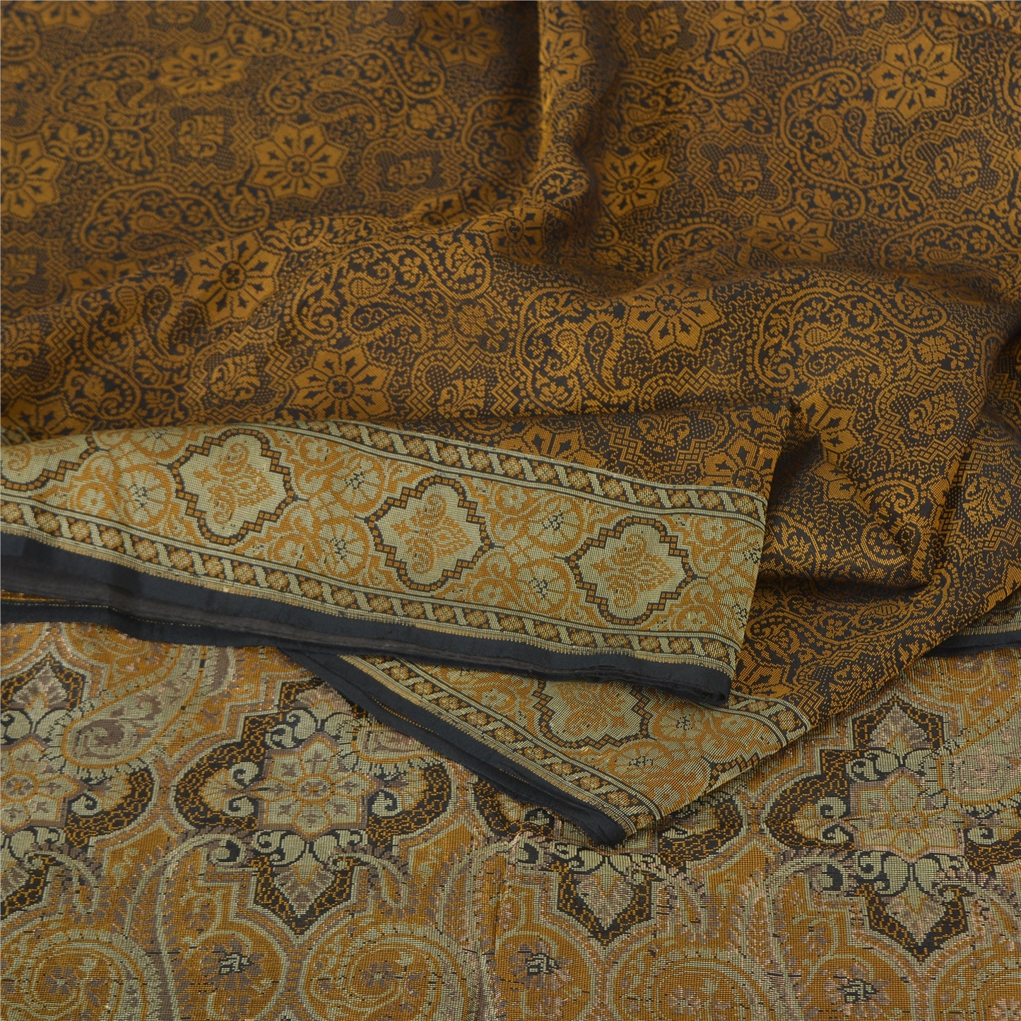 Sanskriti Vintage Sarees Black/Mustard Hand Woven Pure Silk Sari Craft Fabric