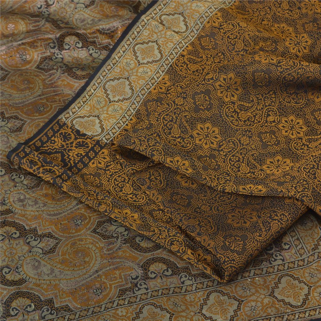 Sanskriti Vintage Sarees Black/Mustard Hand Woven Pure Silk Sari Craft Fabric