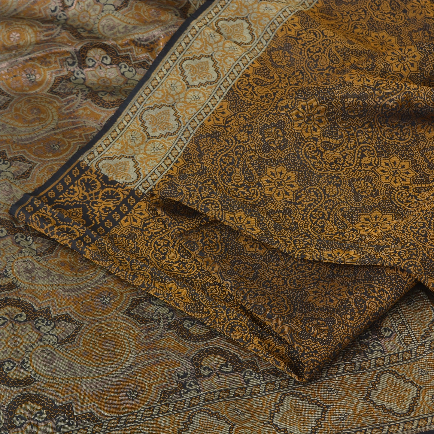 Sanskriti Vintage Sarees Black/Mustard Hand Woven Pure Silk Sari Craft Fabric