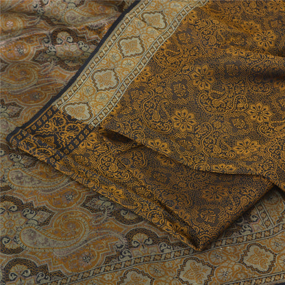 Sanskriti Vintage Sarees Black/Mustard Hand Woven Pure Silk Sari Craft Fabric