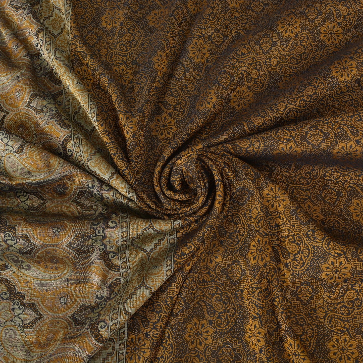 Sanskriti Vintage Sarees Black/Mustard Hand Woven Pure Silk Sari Craft Fabric