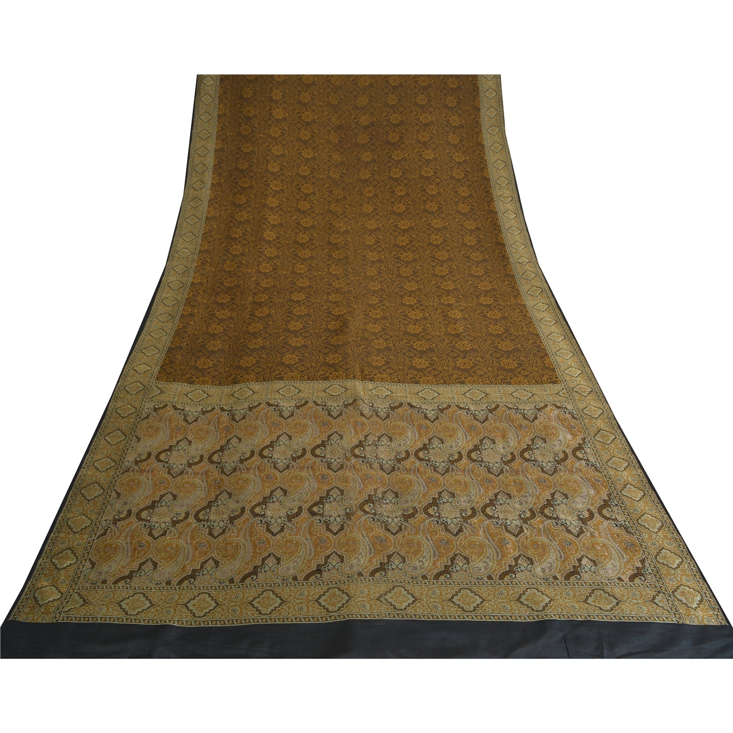 Sanskriti Vintage Sarees Black/Mustard Hand Woven Pure Silk Sari Craft Fabric