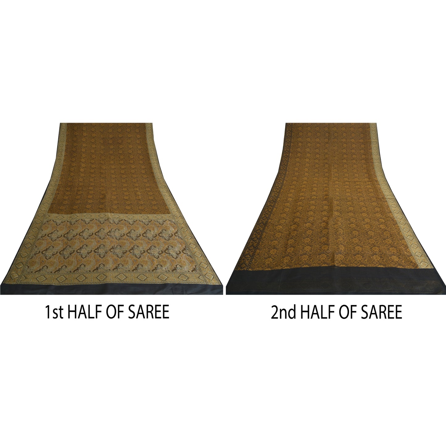 Sanskriti Vintage Sarees Black/Mustard Hand Woven Pure Silk Sari Craft Fabric