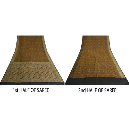 Sanskriti Vintage Sarees Black/Mustard Hand Woven Pure Silk Sari Craft Fabric