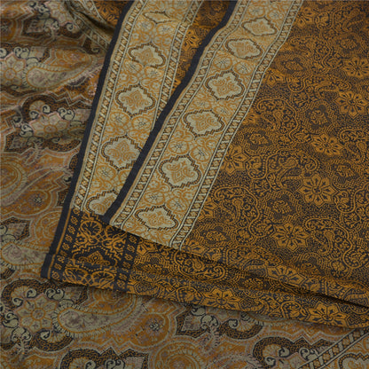 Sanskriti Vintage Sarees Black/Mustard Hand Woven Pure Silk Sari Craft Fabric